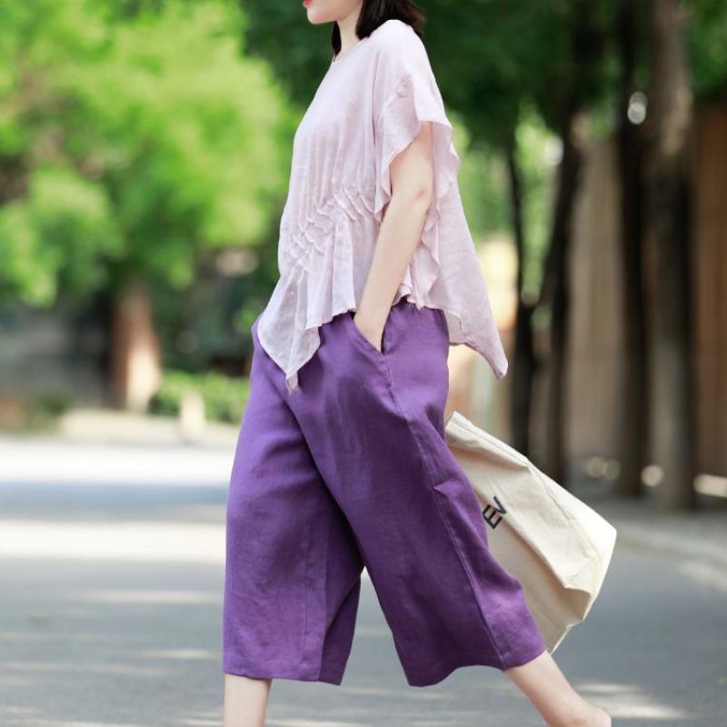 Cotton and Linen Wide Leg Pants for Women In Summer Thin Cropped Pants Retro Linen Cropped Pants Loose Straight Leg Purple Pants