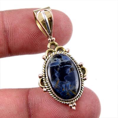 Natural Pietersite Gemstone 925 Solid Sterling Silver Two Tone Pendant 1.5" H7H58