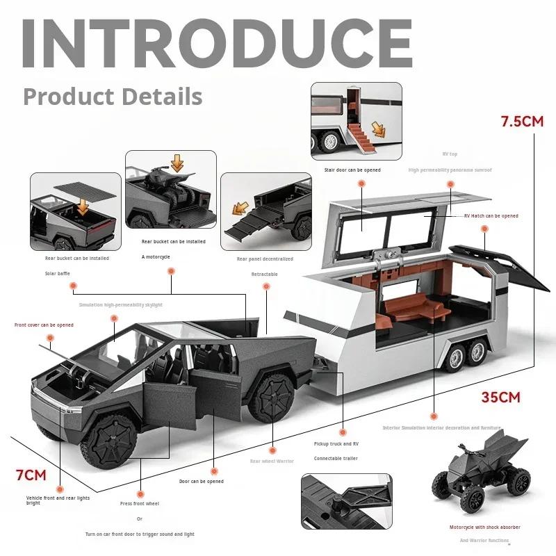 1/32 Tesla Trailer Rv Alloy Car Model Table Set Children's Toys Die Cast Collection Car Model Toys