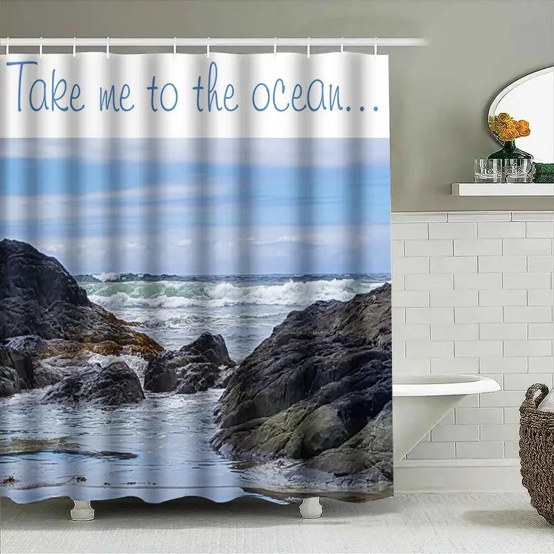 Blauer Ozean Duschvorhang Strandmotiv Druck Für Badezimmer Dekoration Wasserdichtes Gewebe Mit Haken Inklusive