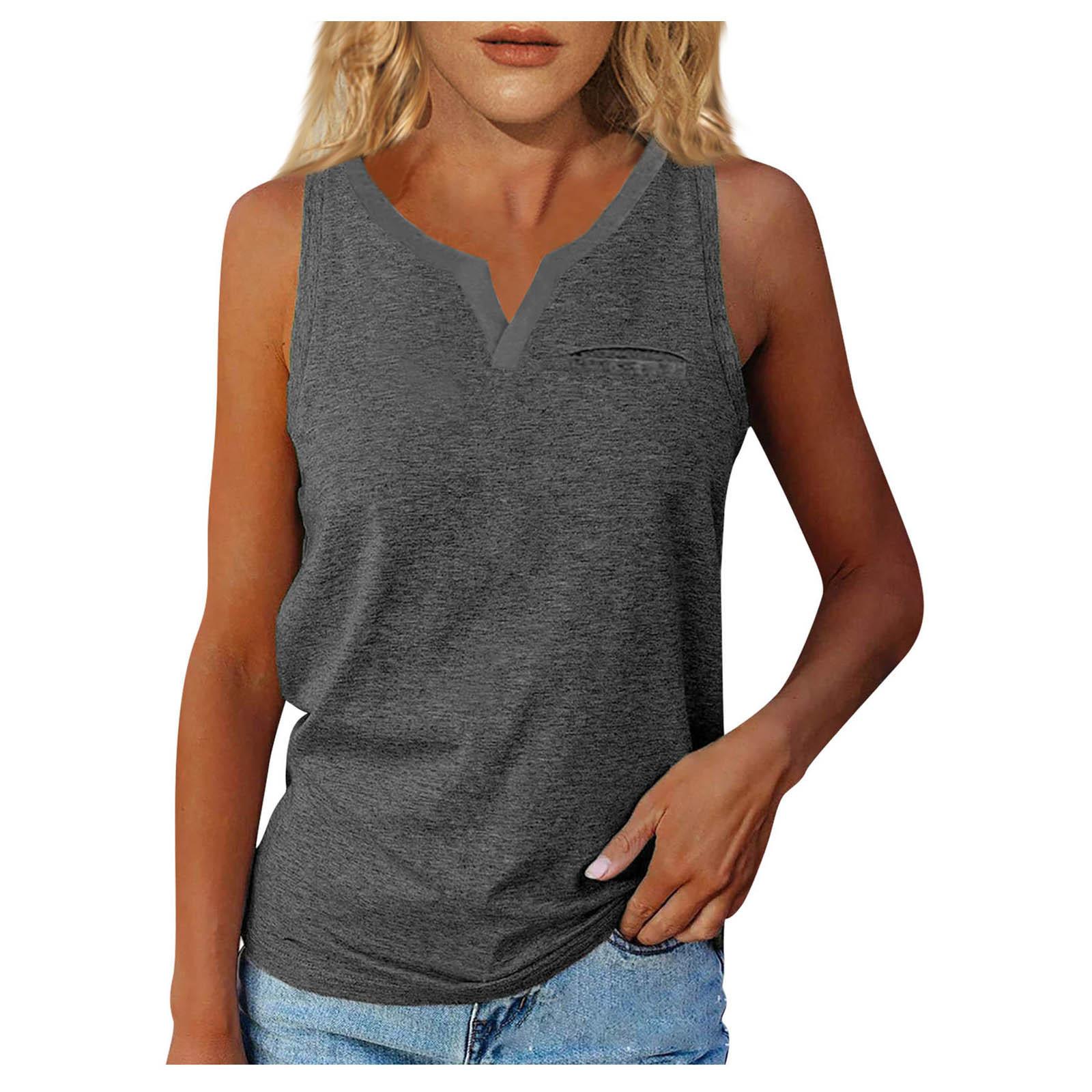 

Summer Women s V-Neck Sleeveless Cuff Solid Color Pocket Casual Street Style T-Shirt Top Vest XL