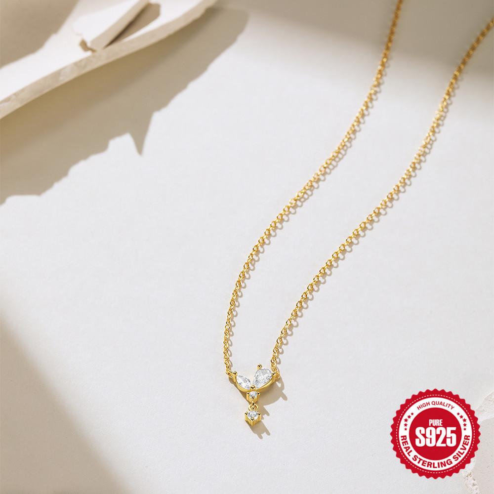 Stylish Commuter Simple Wear S925 Sterling Silver Geometric Zircon Splicing Butterfly Element Necklace