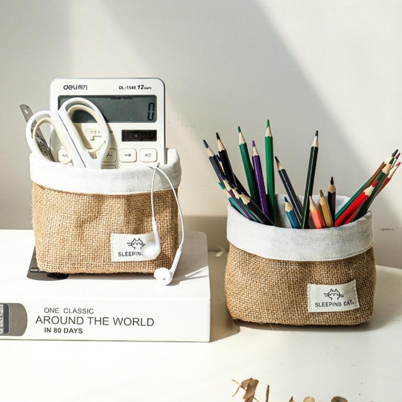 1pcs Cotton Linen Storage Basket Hanging Desktop Organizer for Cosmetics Keys & Sundries Home Storage Basket