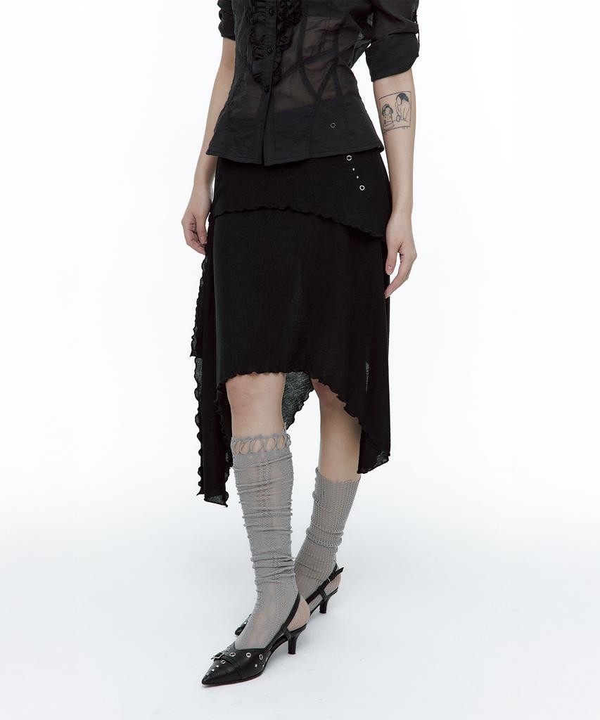 Rough Neck Asymmetrical Tie Knit Skirt Black