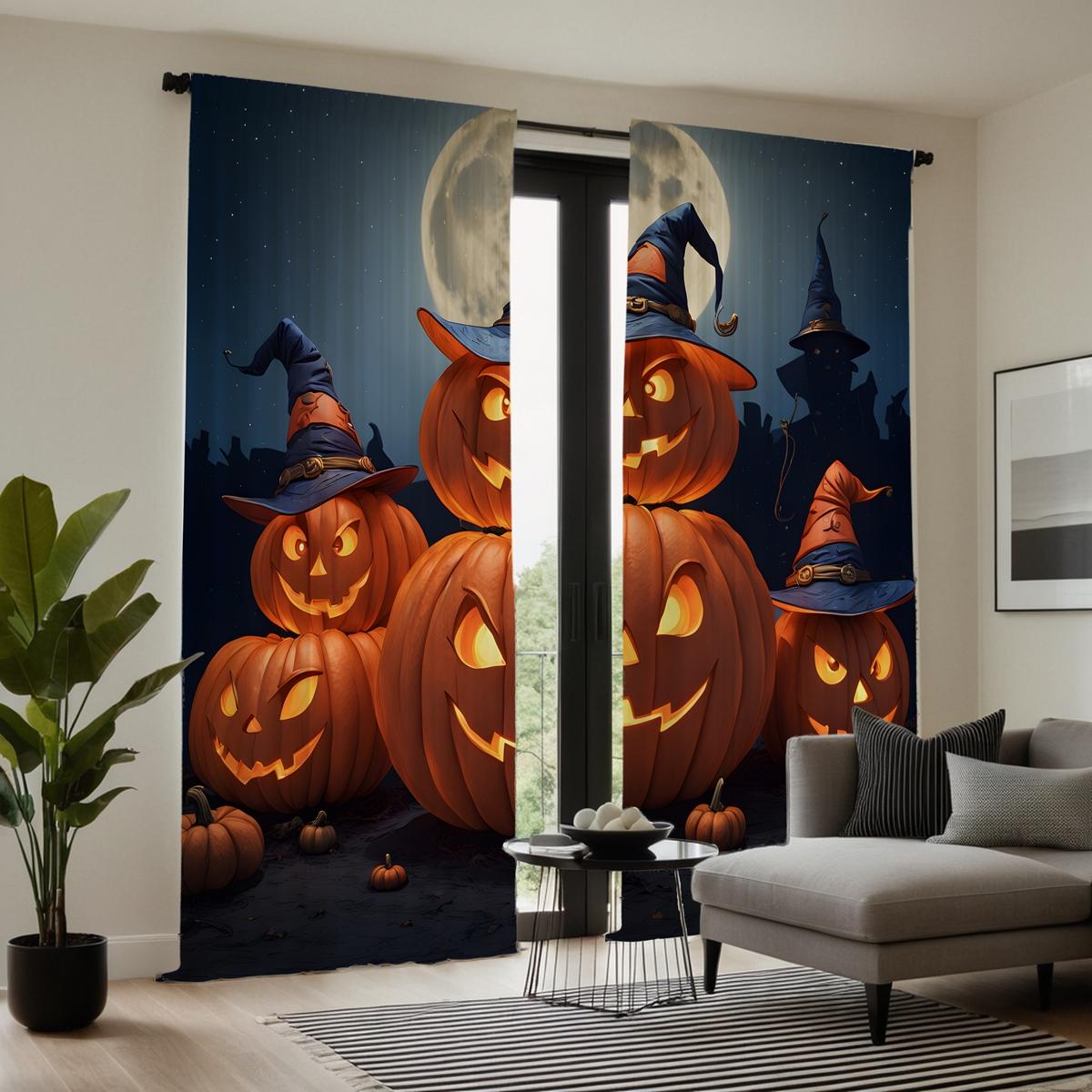 

2 шт. HD Лунный фонарь Джека Призрак занавеска Черный галстук цифровой печатный занавес Украшение дома стиль Украшение гостиной W52H63inchW132H160cm