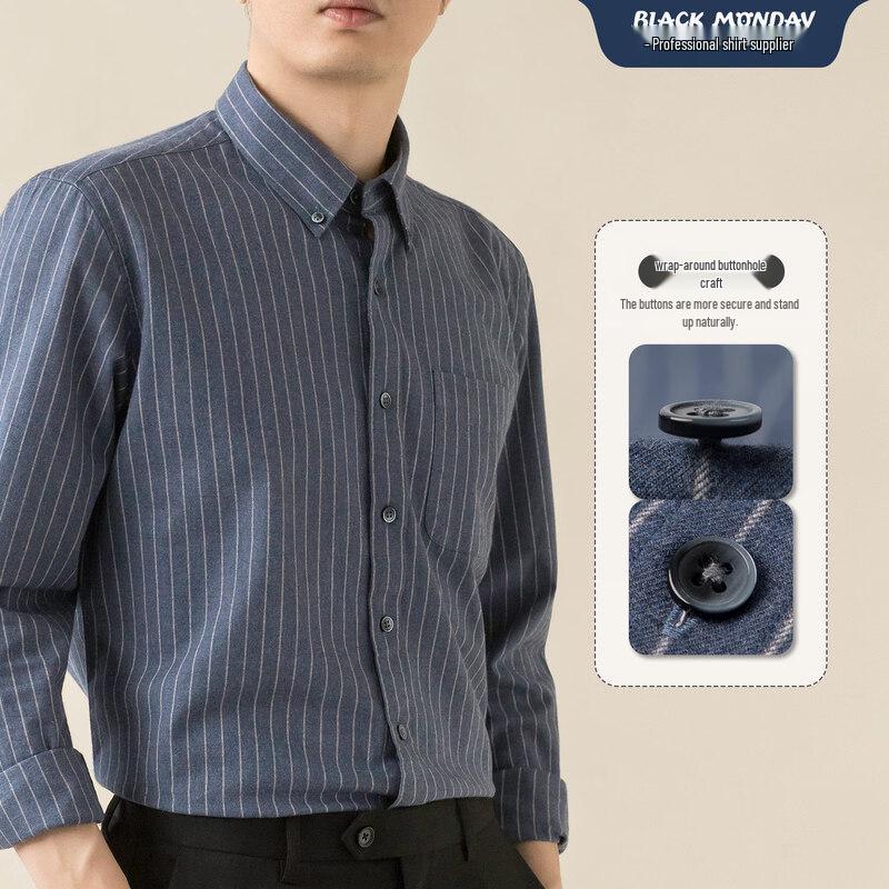 BLACKMONDAY Men's Wrinkle-Resistant Striped Cotton Long-Sleeve Shirt