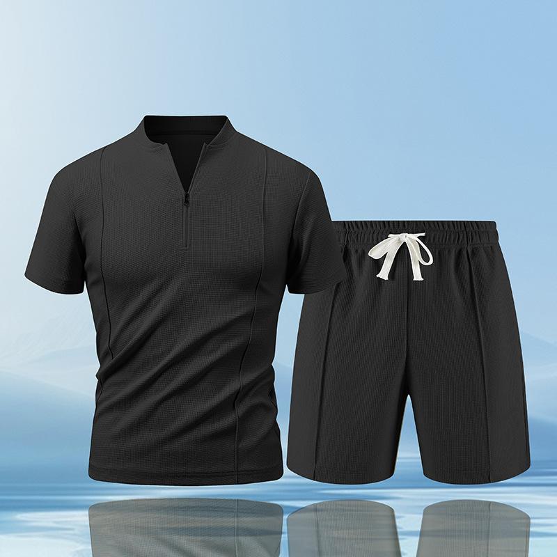 

Мужской вафельный спортивный костюм, джоггеры, спортивная одежда, летние футболки, шорты, комплект из 2 предметов для фитнеса XL чёрный