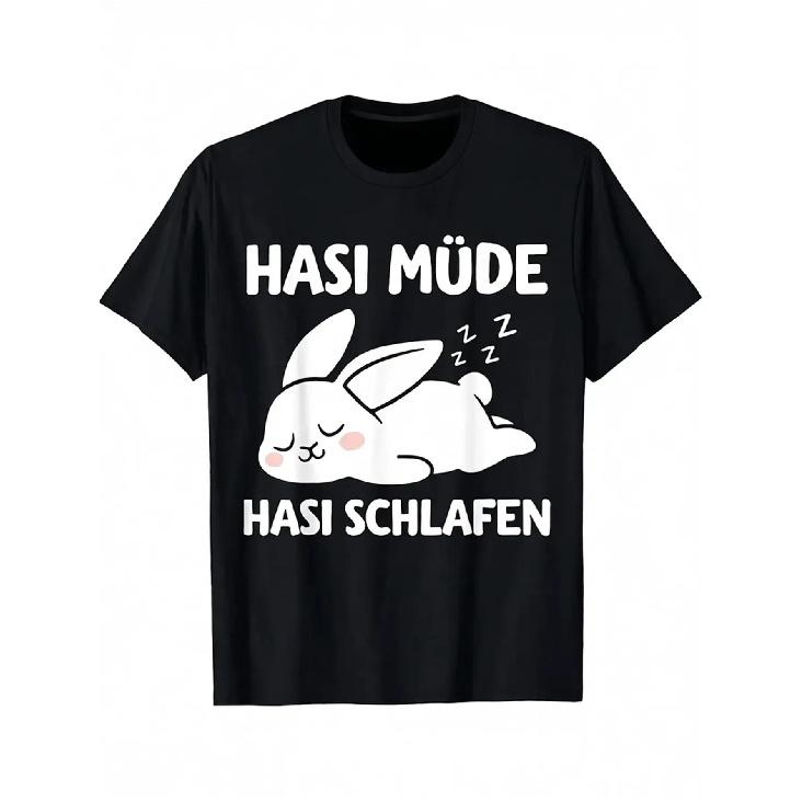 Hasi Tired Hasi Sleep Funny Rabbit T-Shirt | Black, S, Crew Neck, Casual Style, Regular Fit, Short Sleeve, All-season, Heat Transfer Print S чёрный