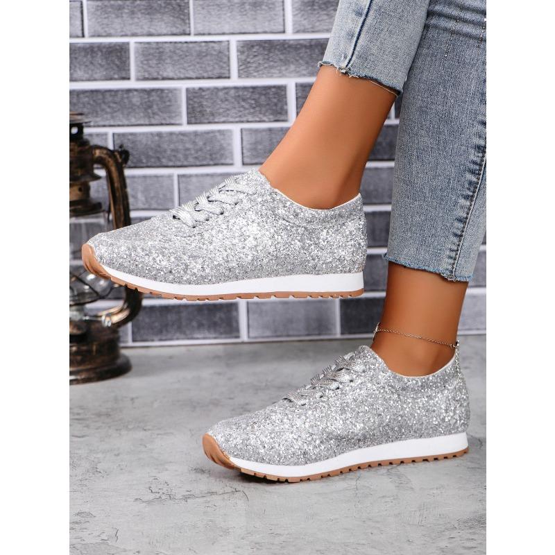 Women's Spring-Autumn Flat Sequined Lace-Up Casual Sports Shoes, Versatile European Style, Available In Large Sizes.