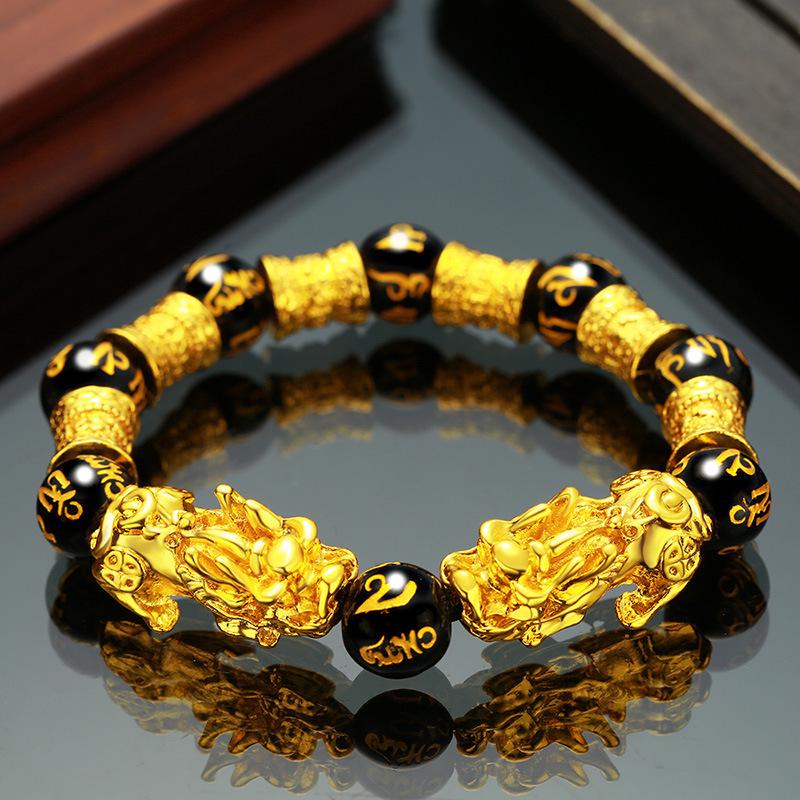Pixiu Obsidian Buddhist Mantra Bracelet - Vietnamese Sand Gold Style