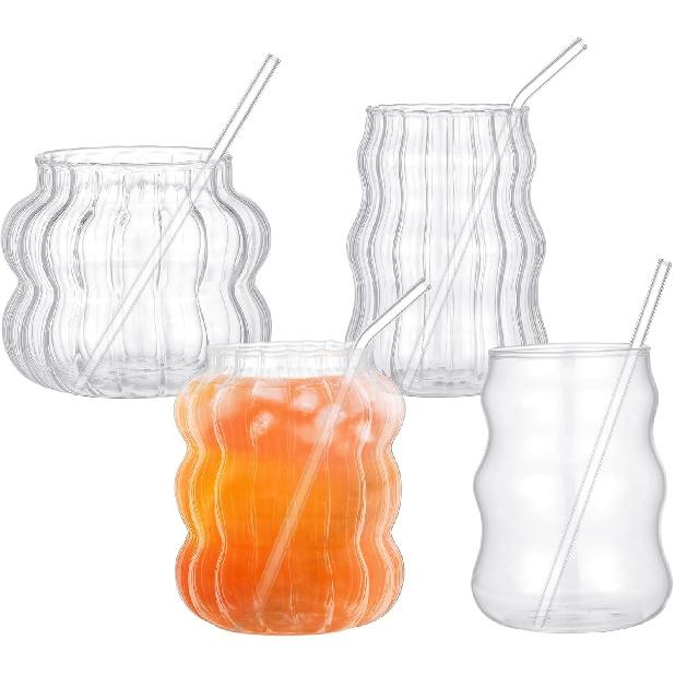 4 Pcs Creative Glassware Set Wave Shape Drinking Glasses with Glass Straw Aesthetic Cups Vintage Ribbed Glass Cups Cute Drinking Glasses for Tea Beer