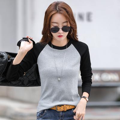 Cotton Slim T Shirt Women Contrast Color Womens Shirt Korean Fashion Clothing Long Sleeve Top  Spring Autumn Tee Shirt