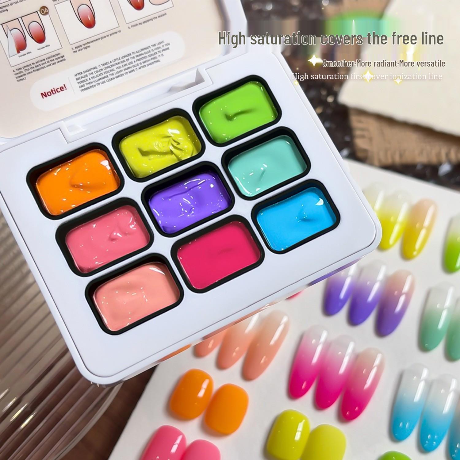 Jillradia Nine-Grid Rainbow Nail Glue - High Saturation Gradient Blend Strong Coverage