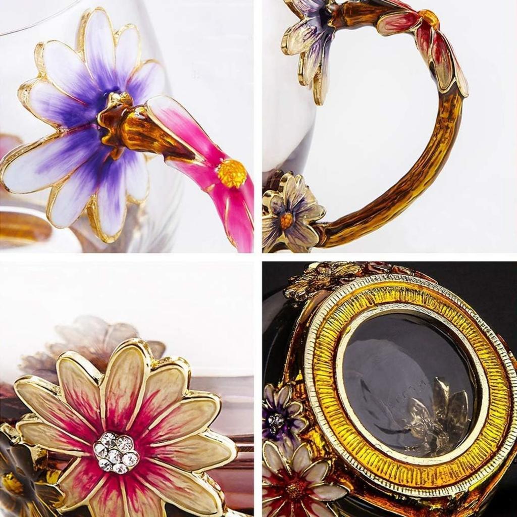 Handmade Enamel Butterfly Flower Glass Coffee Mugs Tea Cup with Spoon,Birthday Christmas Gifts for Her Women Mum Friends Teacher Valentines