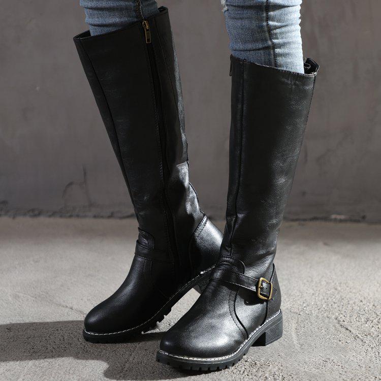 Autumn And Winter Flat-Bottomed Knight Women'S Leather Boots European And American Long Boots Belt Buckle Large Size High Boots