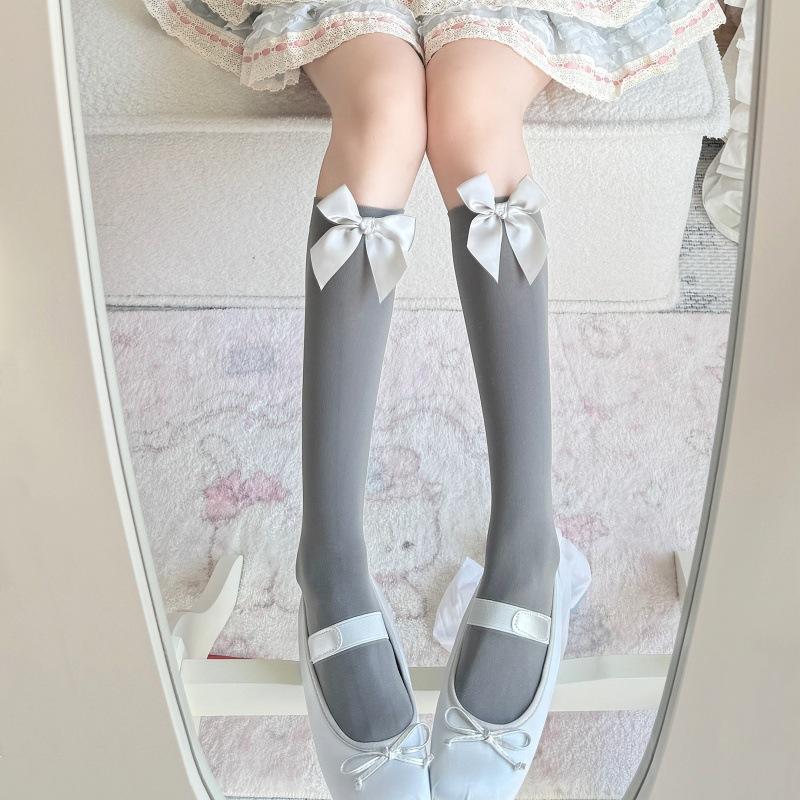 Thin Velvet Jk Blue Bow Japanese Breathable Fashion Girl Long Tube Knee Socks Velvet Medium Tube Lolita