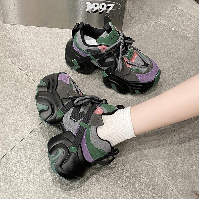 Móda Nové Dámské Podzimní Zimní Robustní Tenisky Šněrovací Platforma Sportovní Obuv Žena Silná Podrážka Vysoké Podpatky Dámské 7,5CM Klínky Tenisky