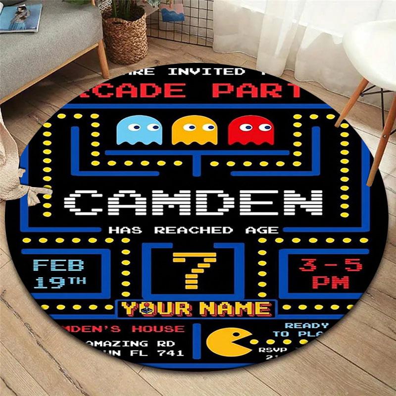 Pac-Man Custom Name Round Area Rug,Carpet Rug for Living Room Bedroom Sofa Playroom Decor,Non-slip Floor Mat