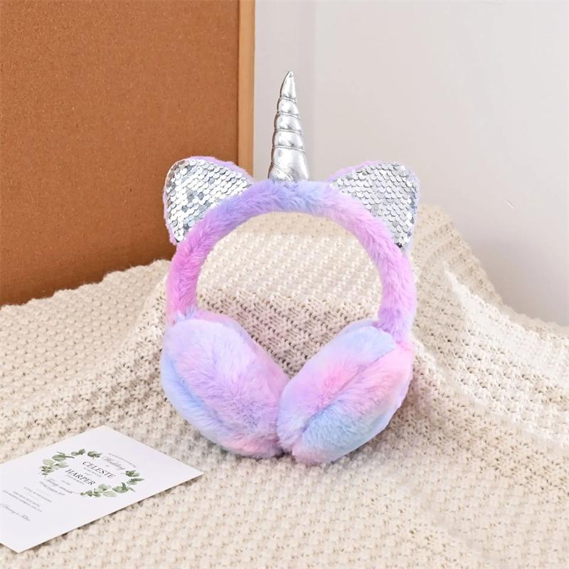 Children Kids Cute Unicorn Earmuffs Sequin Cat Ears Ear-Muffs Cover Winter Warm Fur Plush Headband Women Tie-dye Fluffy Earflap