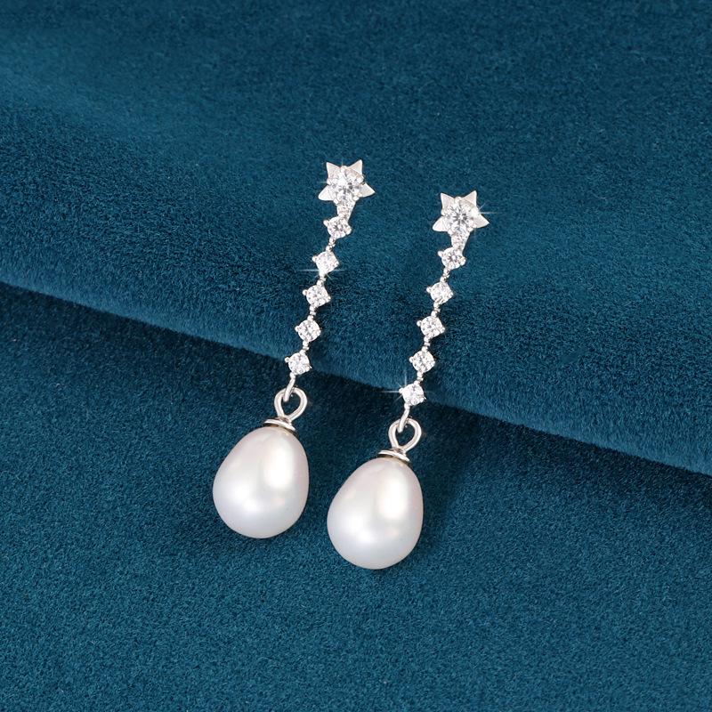 S925 Sterling Silver Pearl Earrings with Rhinestones - Elegant Hong Kong Style Luxury Earring Drops