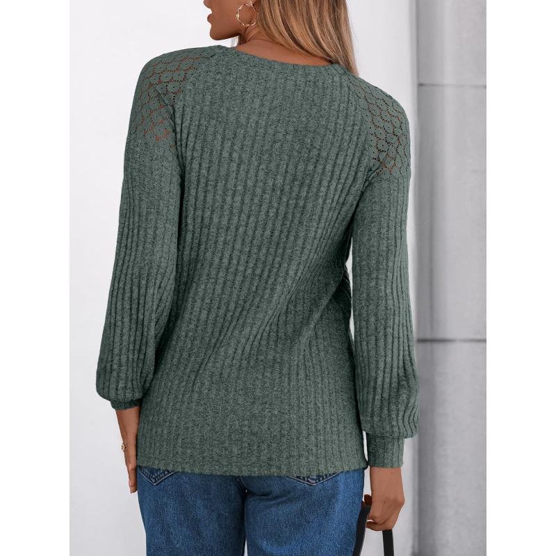 Women's Round Neck Solid Color Hollow Button Long Sleeved Casual Patchwork Top
