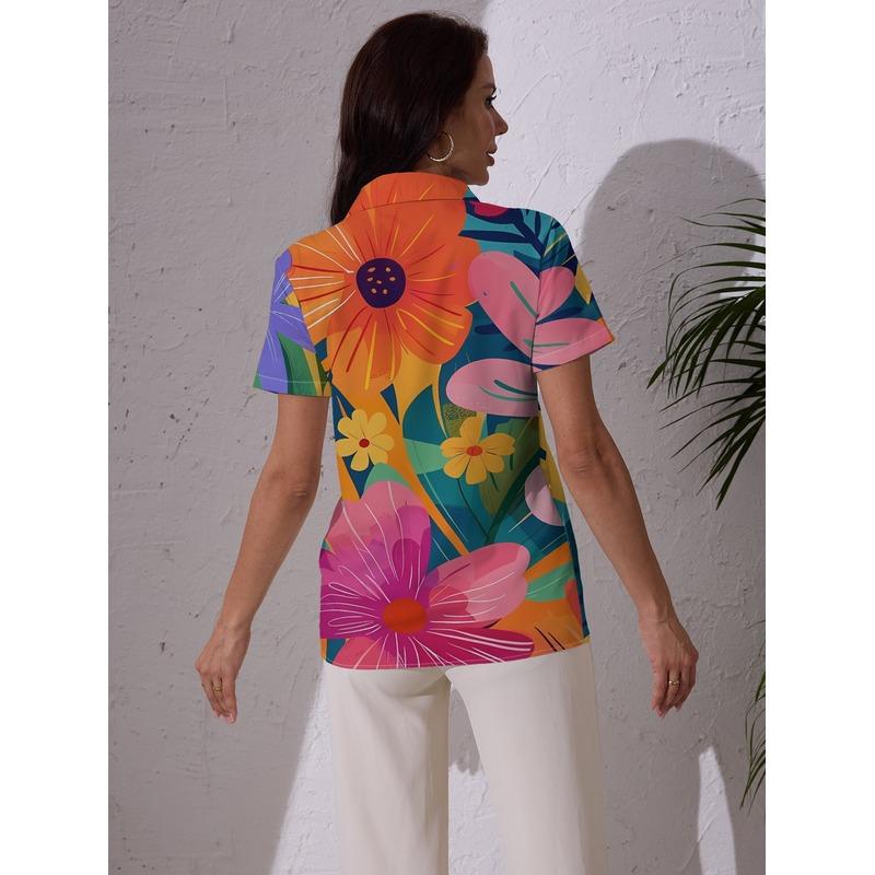 Women's Short-Sleeve Button-Up Shirt Vibrant Multicolor Floral Collar Blouse Top Machine-Washable Non-Button-Front Shirt for Spr