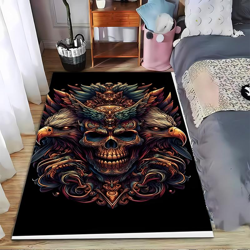 Ornate Gold Eagle Skull Decorative Art Floor Mat Area Rug for Gothic Home Living Room Wall Decor