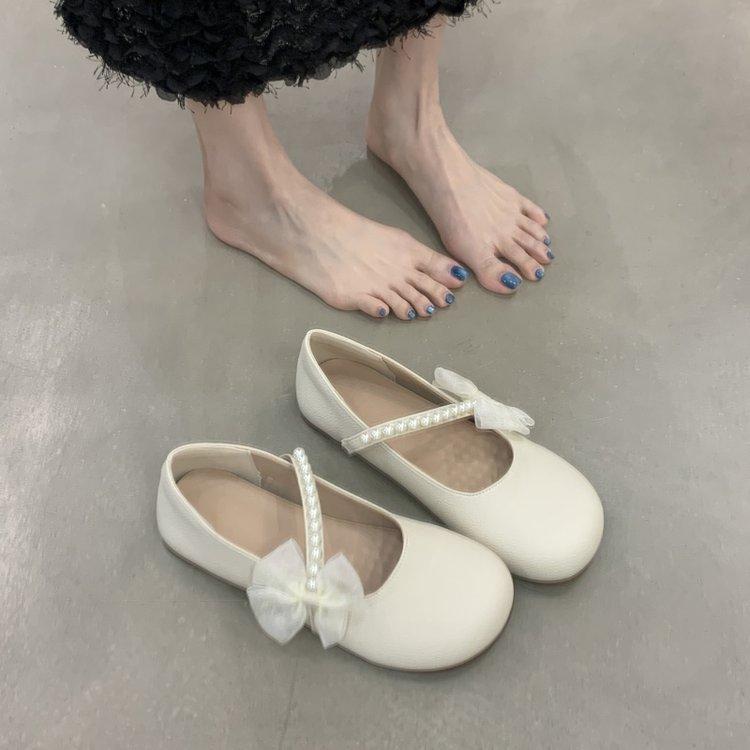Fashion Hot Selling 2025 Spring New Lace Versatile Bow Flat Bottom Mary Sandal Women's Single Shoe Pearl One Step Soft Bottom with Skirt