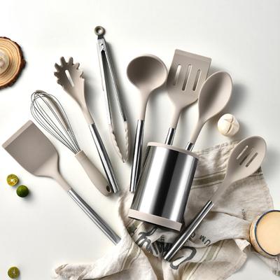 9 Pcs Stainless Steel Non-Stick Silicone Kitchenware Set Spatula Soup Spoon Kitchen Utensils 360° Rotation Utensil Holder Bucket Eggbeater