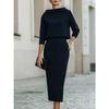 Completo Donna con Scollo ad Drappeggio e Manica a Tre Quarti, Gonna, Vestibilità Aderente, Elegante, Due Pezzi, Outfit Midi