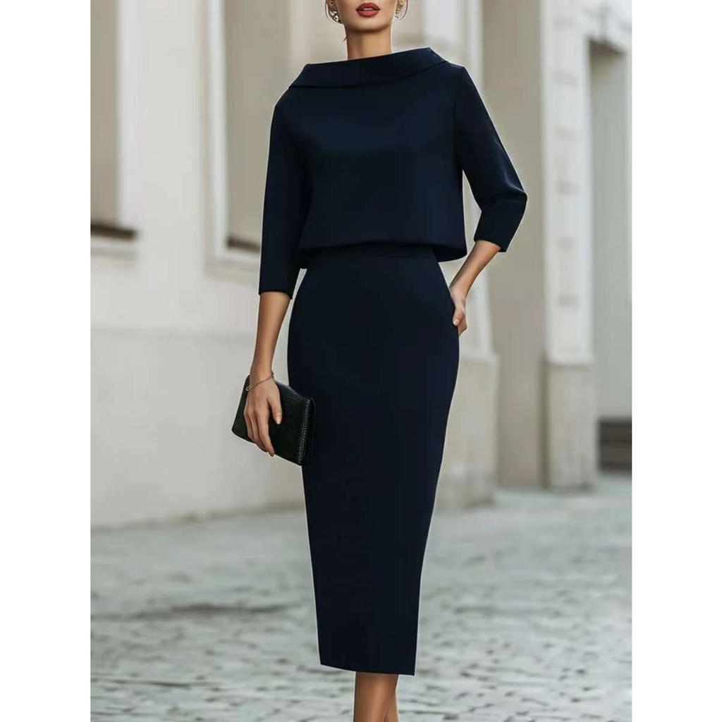 Completo Donna con Scollo ad Drappeggio e Manica a Tre Quarti, Gonna, Vestibilità Aderente, Elegante, Due Pezzi, Outfit Midi