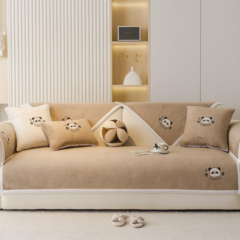 New Milk Velvet Panda Sofa Cushion Autumn And Winter Plush Cartoon Seat Cushion Fixed Non-Slip Sofa Cover Winter Cover