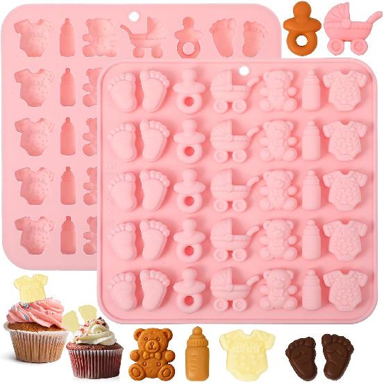 2 PCS Baby Shower Chocolate Mold,Baby Feet Molds Silicone, Baby Onesie Baby Bottle Pacifier Baby Carriage Bear Mold Candy Chocolate Gummy Molds for