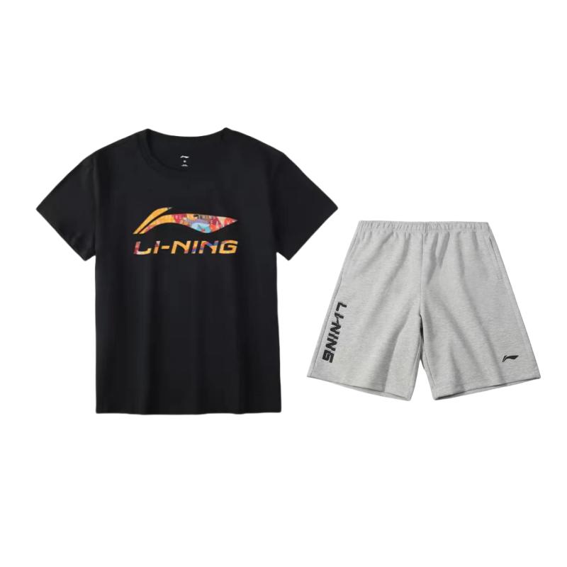 

Футболка с круглым вырезом и короткими рукавами с принтом бренда Li Ning, вышитым логотипом и надписью, шорты до колена, повседневный спортивный костюм AHSU837-1+AKSU747-2 S