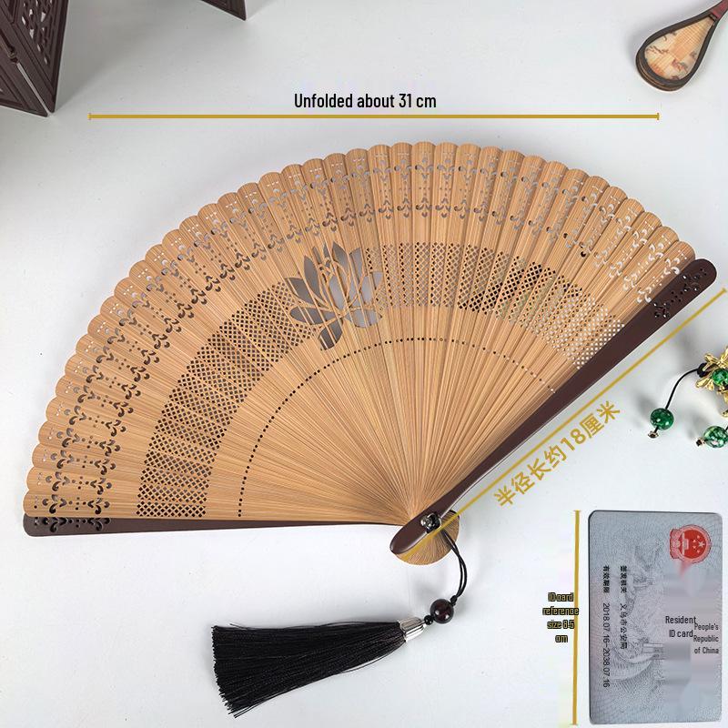 Luxury Bamboo Lotus Carved Tassel Folding Fan