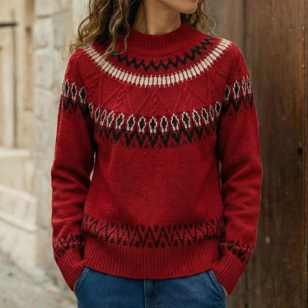 Ethnisch inspirierter Fair Isle Strickpullover - Herbst/Winter Jacquard Halbhoher Kragen