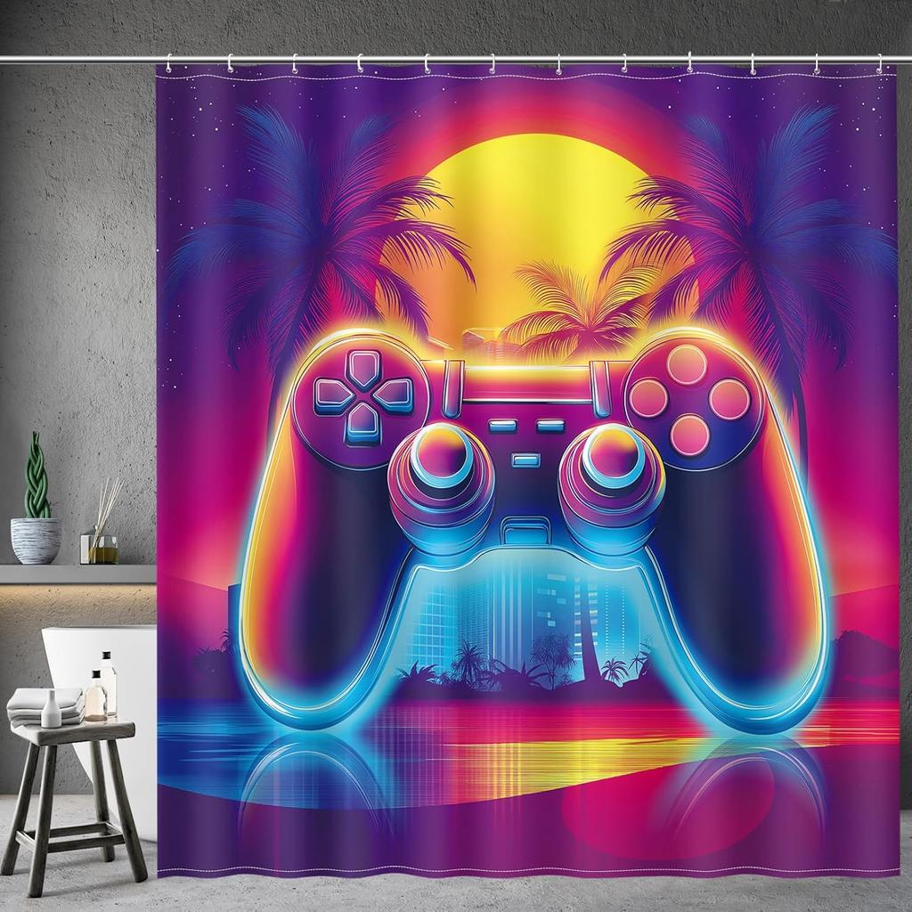 Game Themed Kids Shower Curtain-video Gamepad Player Cool Shower Curtain with 12 Hooks, Boy Bathroom Decoration Accessories