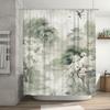 Classic Asian-inspired shower curtain with watercolor design featuring pagodas, cherry blossoms, and nature perfect for a spa-li
