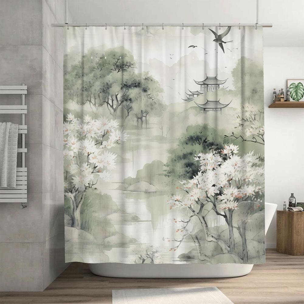 Classic Asian-inspired shower curtain with watercolor design featuring pagodas, cherry blossoms, and nature perfect for a spa-li
