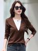 52070 Women's Color Block Long-Sleeved Cotton T-Shirt, 2025 Spring/Autumn, Slim Fit Fake Two-Piece.