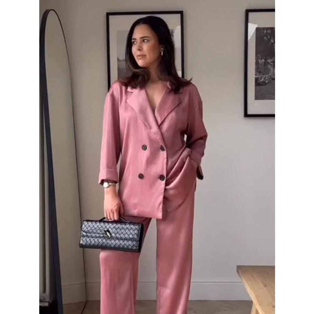 VAYLA Autumn Women Casual Blazer Coat Pants Set Long Sleeve Double Breasted Blazer + Wide Leg Trousers Lady Office Outfit