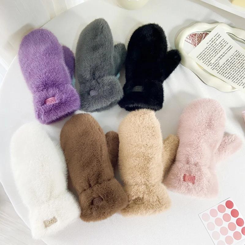 Imitation Rabbit Fur Gloves Women Winter Gloves Windproof Plush Thick Warm Plus Cashmere Gloves Soft Full Fingers Mittens Gloves