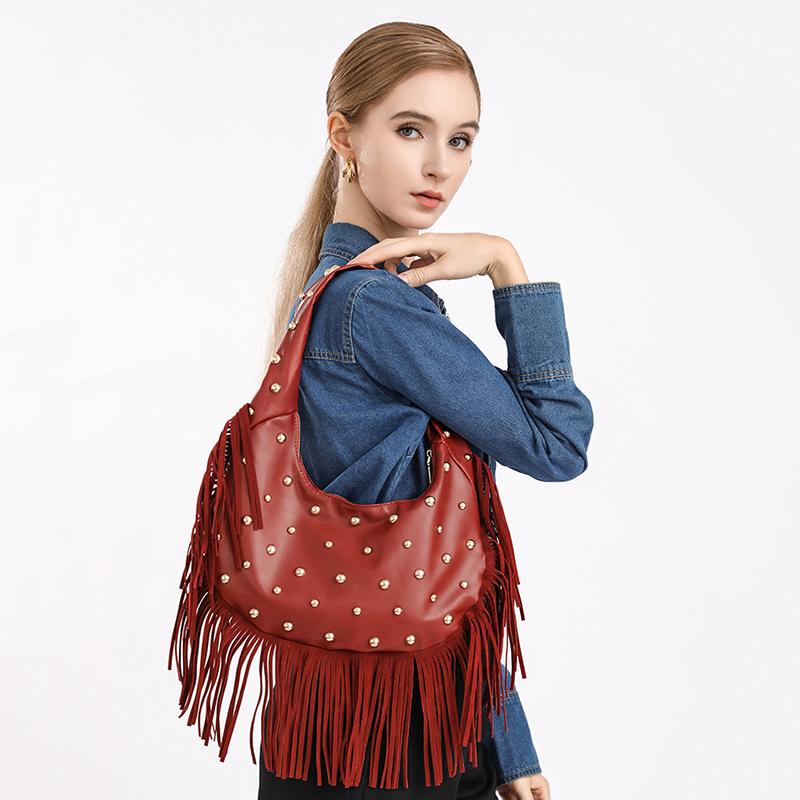 Yogodlns Fashion Personality Women's Underarm Bag Retro Leather Texture Tassel Rivet Bag Versatile Simple Trend Shoulder Bag