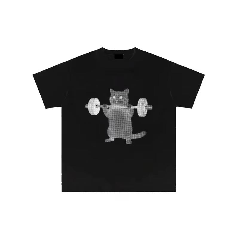 Unisex Plus Size Casual Crew Neck Short Sleeve TShirt With Fun Weightlifting Cat Print Neutral Fashion Street Style Top Tshirt