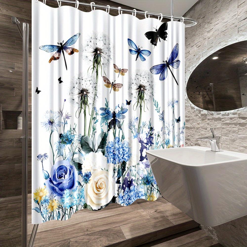 1Pc Floral Butterfly Shower Curtain With Elegant Dandelions & Blue Roses - Vibrant Forest Theme Bathroom Decor, Durable Polyeste