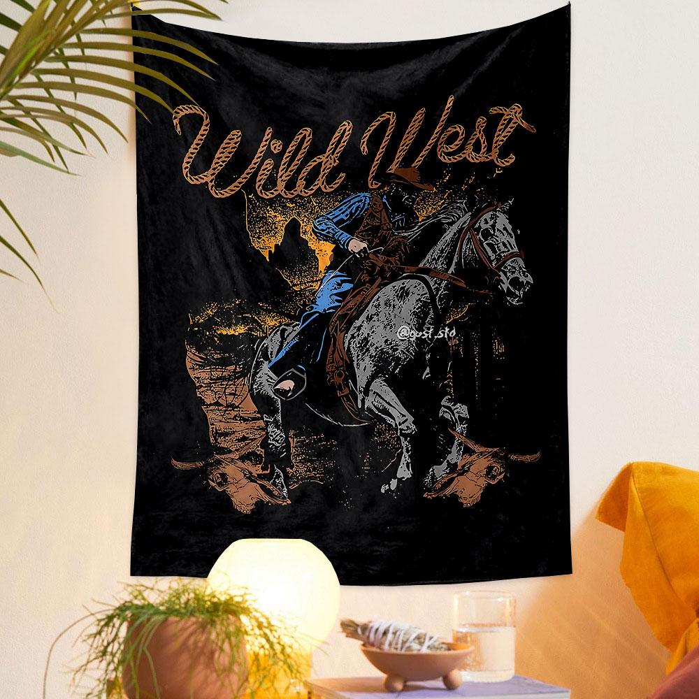 Wild West Cowboy On Horseback Scene Patterned Tapestry Home Decor, Suitable for Bedroom and Living Room, Gift