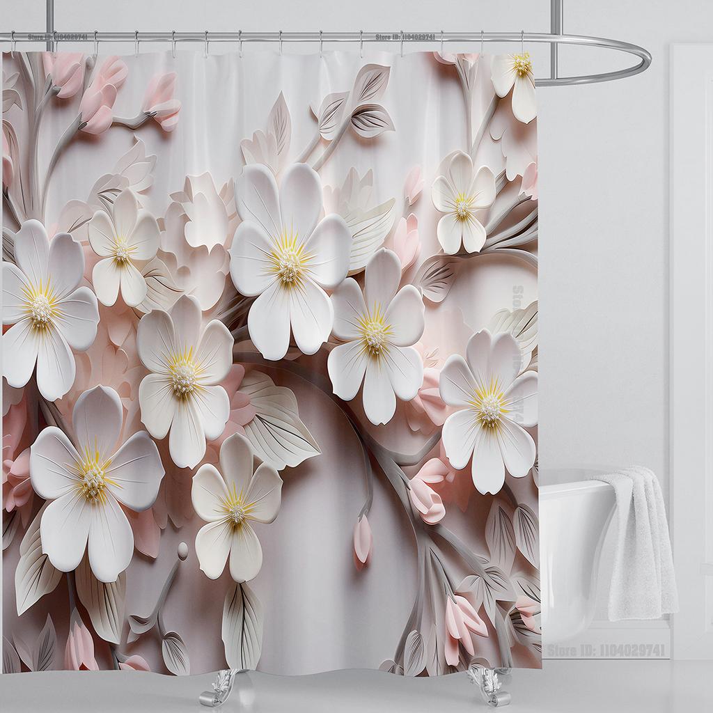 3D Floral Shower Curtain Set Orange Flower Design Fabric Bathroom Decor Waterproof Washable Shower Curtain Set with Hooks