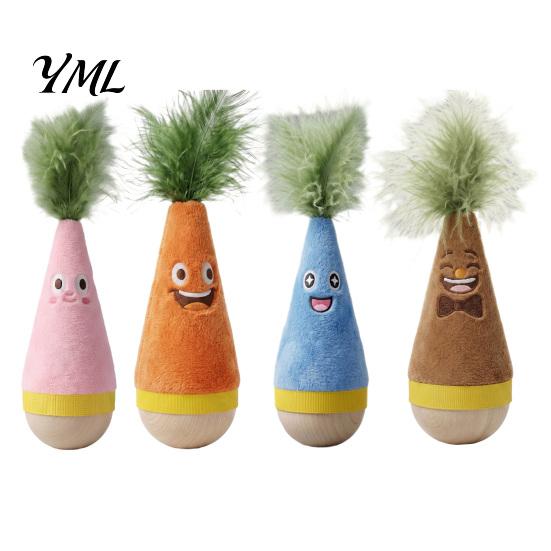 Plush Cat Teaser with Wood Base Wooden Wobble Toy, Self-Righting Tumbler Feather for Indoor Cats, Interactive Safe Clawing Toy Punching Bag