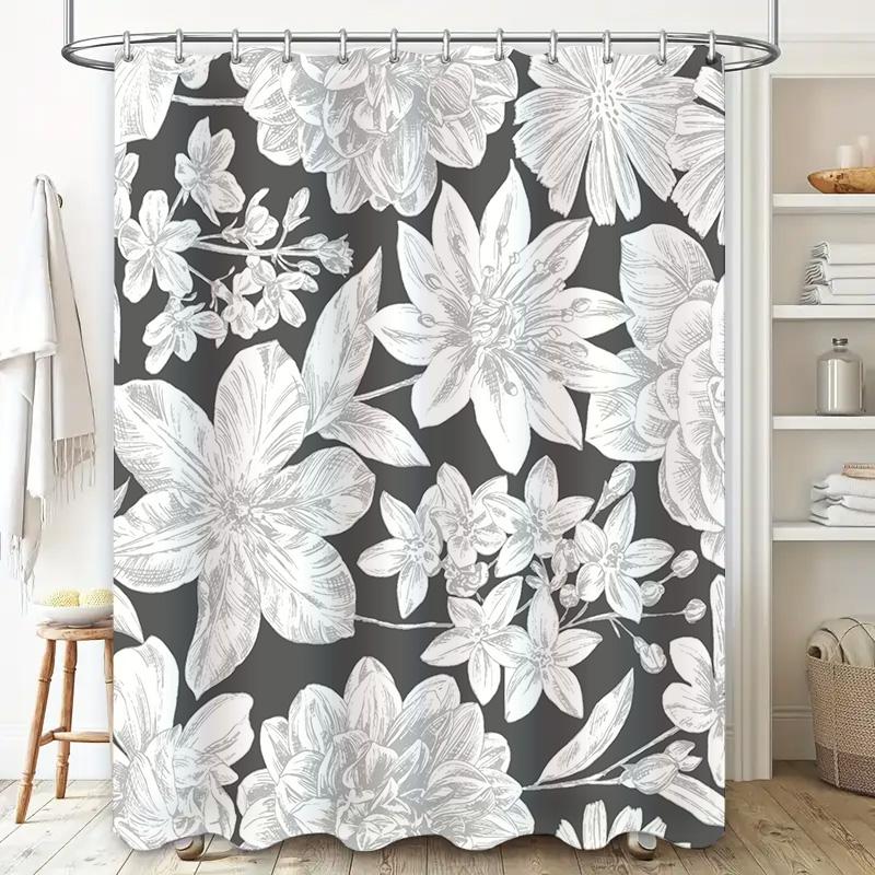 Modern Floral Print Shower Curtain Grey White Water-Resistant Fabric 72 x 84 Inches for Bathroom Decorations Free Shipping US Or