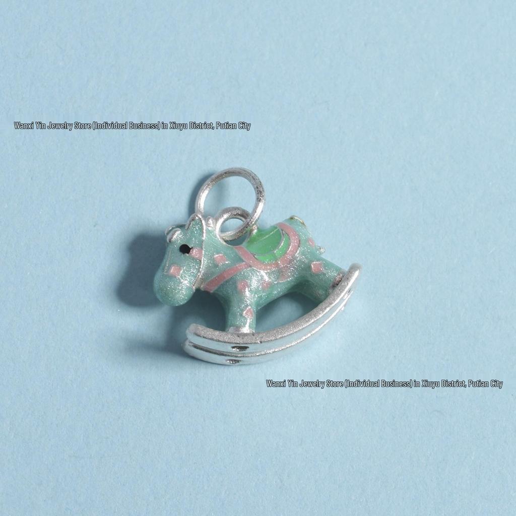 Sterling Silver Enamel Rocking Horse Pendant with Wooden Beads and Handmade Woven Rope Bracelet.